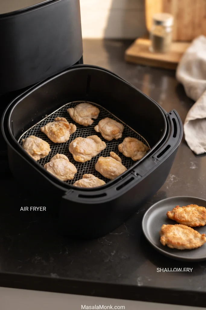 Cornstarch-coated chicken in an open air-fryer basket beside a plate of shallow-fried chicken, with labels identifying the two cooking methods.