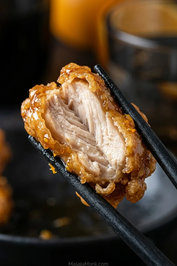Close-up of a glazed piece of orange chicken held in black chopsticks and cut open to reveal juicy chicken inside a thin golden crust.
