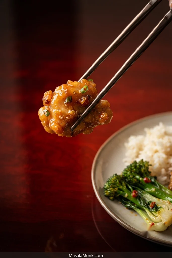 Black chopsticks holding a glossy piece of orange chicken above a plate containing white rice, orange chicken and green vegetables.