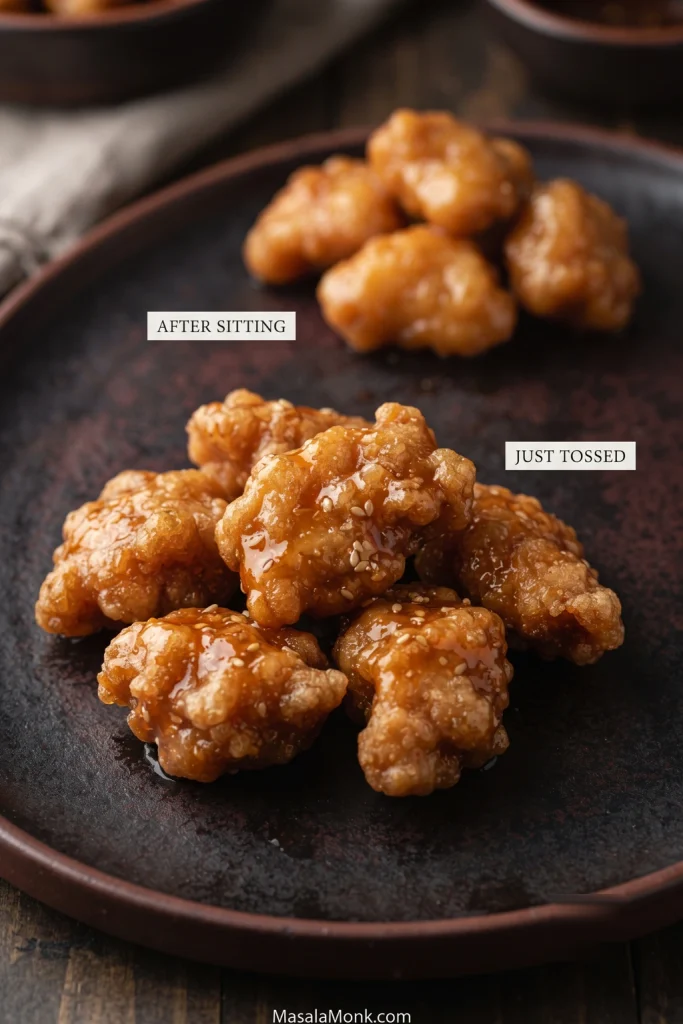 Two portions of glazed orange chicken compared on a dark plate, with crisp pieces labeled “just tossed” and softer-looking pieces labeled “after sitting.”