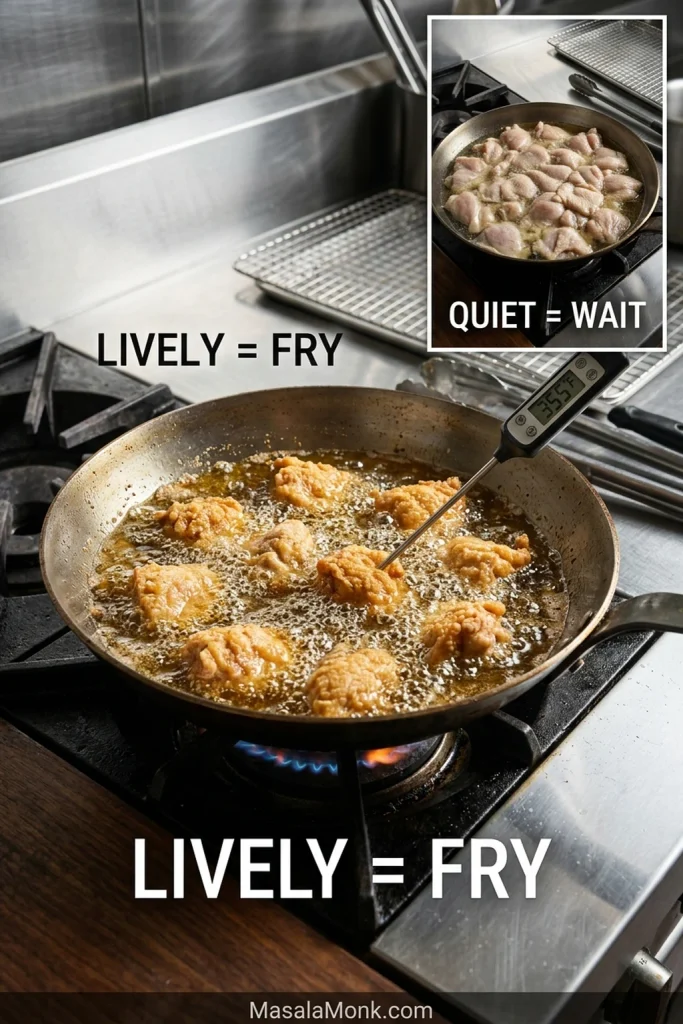 Chicken frying vigorously in a skillet beside an oil thermometer, with a comparison showing a lively frying pan and a quieter pan that needs time to recover.