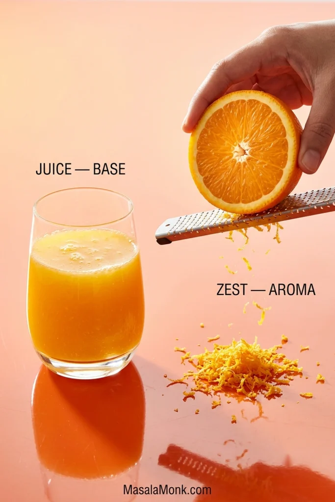 A glass of fresh orange juice beside a halved orange being grated, with loose orange zest and labels identifying juice as the sauce base and zest as the aroma.