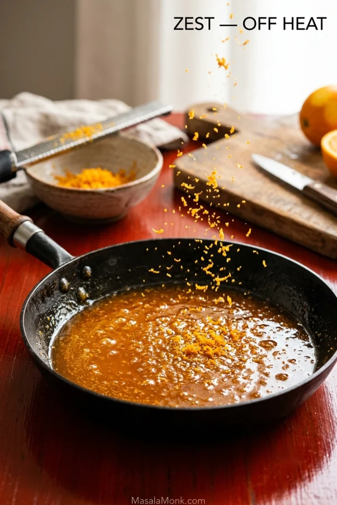 Fresh orange zest falling into a pan of glossy orange sauce, with a grater and a small bowl of zest beside the pan.