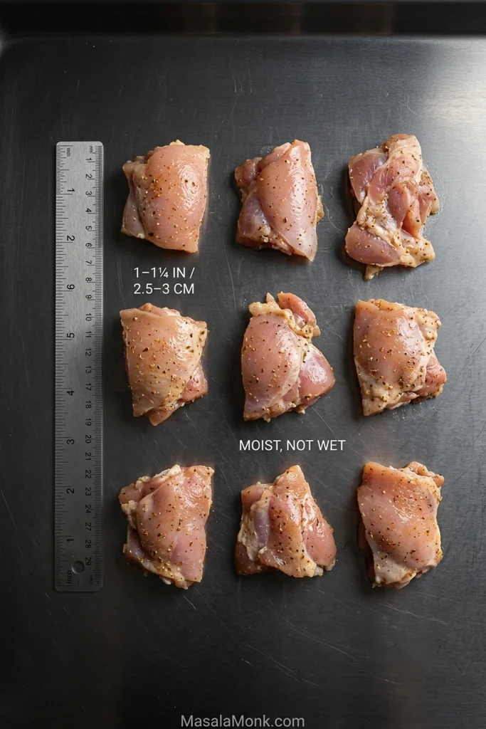 Raw seasoned chicken thigh pieces arranged beside a ruler, with a size guide of 1–1¼ inches / 2.5–3 cm and a note that the surface should be moist, not wet.