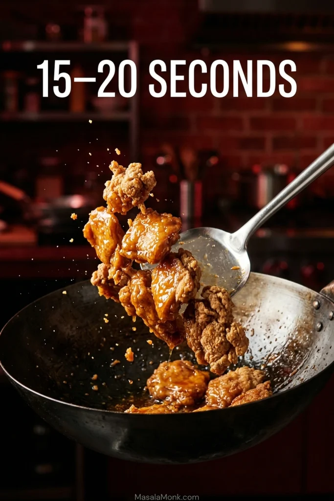 A spoon lifting glossy orange chicken from a wok during the final sauce toss, with “15–20 seconds” displayed above the pan.