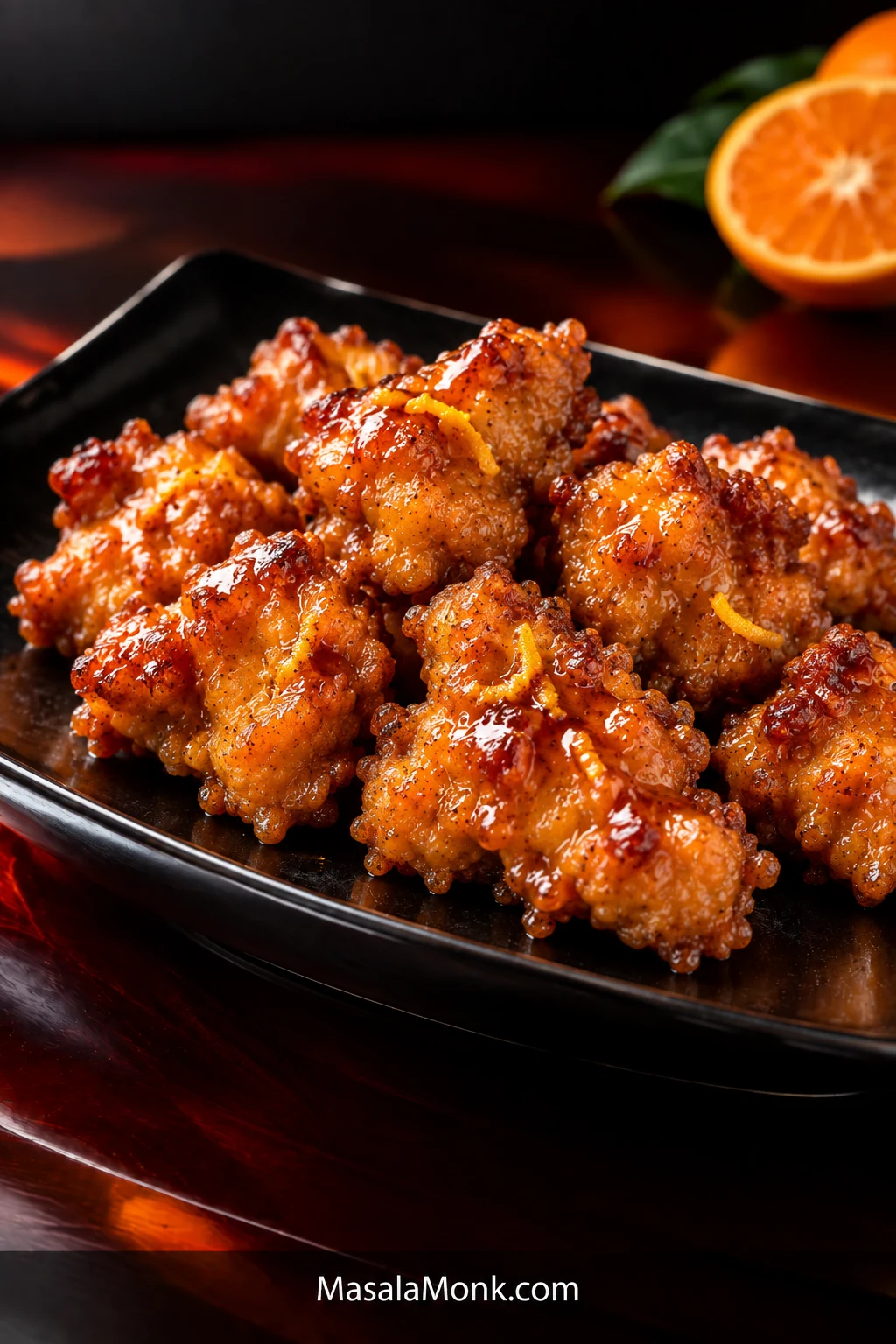 Glossy orange chicken piled on a black rectangular plate, topped with thin orange-peel strips, with a halved orange behind the plate.