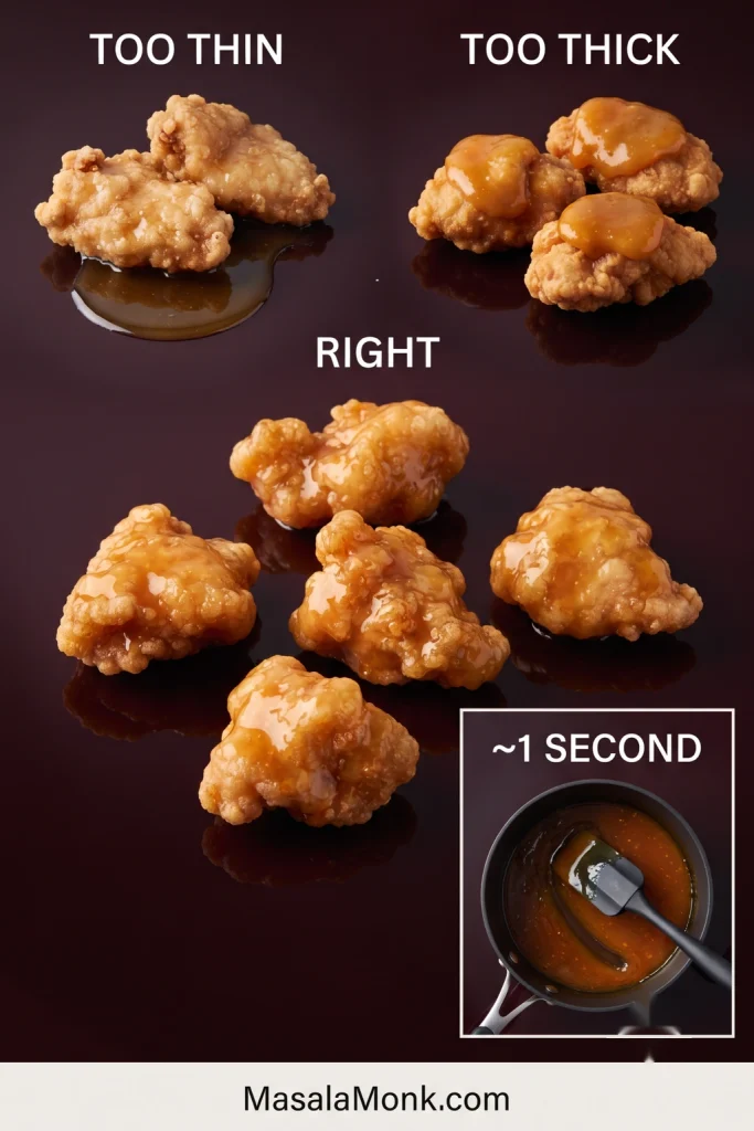 Three-way comparison of orange chicken coated with sauce labeled too thin, too thick and right, with an inset showing a short trail through properly thickened sauce.
