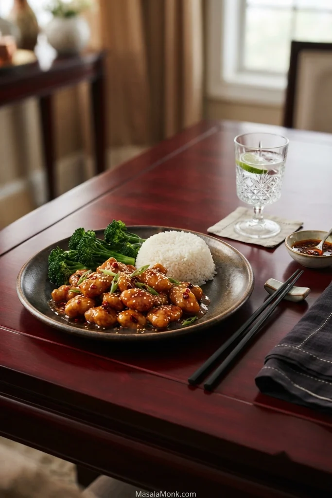 Glazed orange chicken served with white rice and green vegetables on a plate set on a wooden dining table.