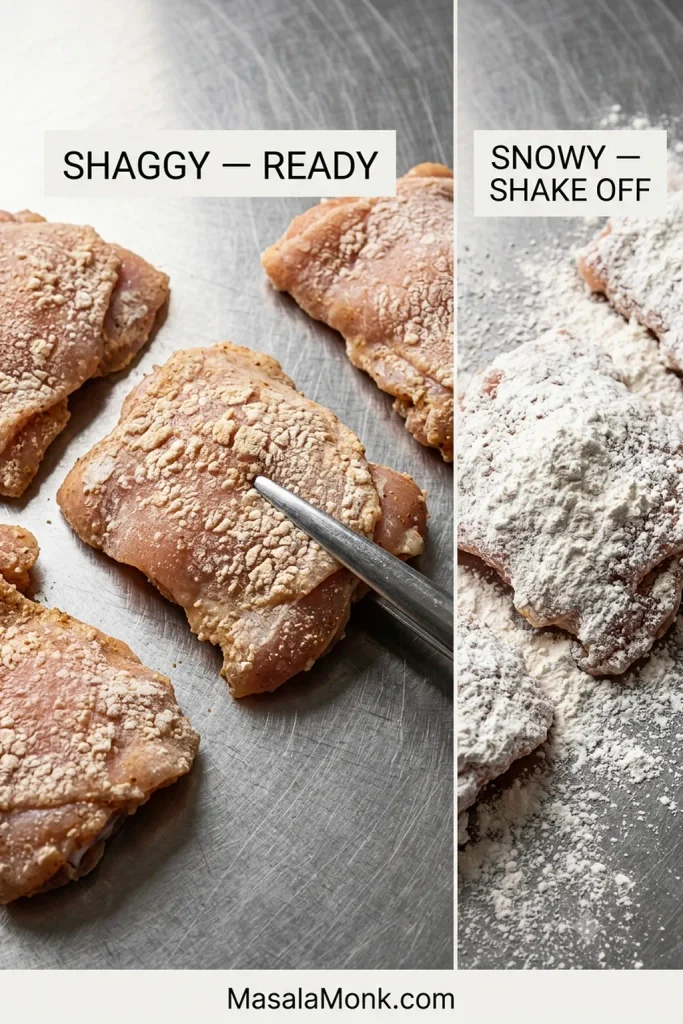 Side-by-side chicken pieces comparing a rough, attached cornstarch coating labeled “shaggy — ready” with a heavily powdered coating labeled “snowy — shake off.”