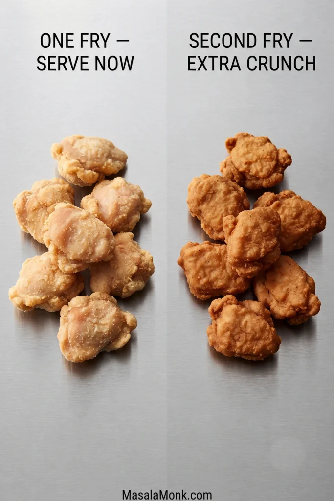Two groups of fried chicken compared side by side, with one labeled “one fry — serve now” and the crisper second group labeled “second fry — extra crunch.”