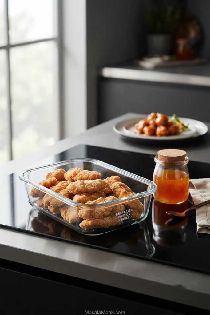 Glass container filled with unsauced fried chicken beside a separate jar of orange sauce, with a plated serving of orange chicken in the background.