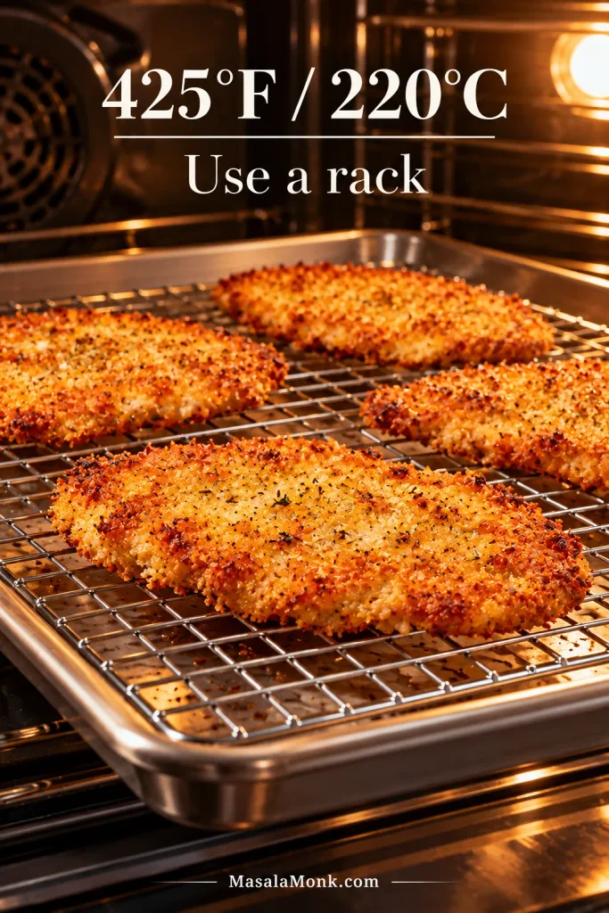Thin breaded chicken cutlets baking on a wire rack over a rimmed sheet pan inside an oven at 425°F or 220°C.