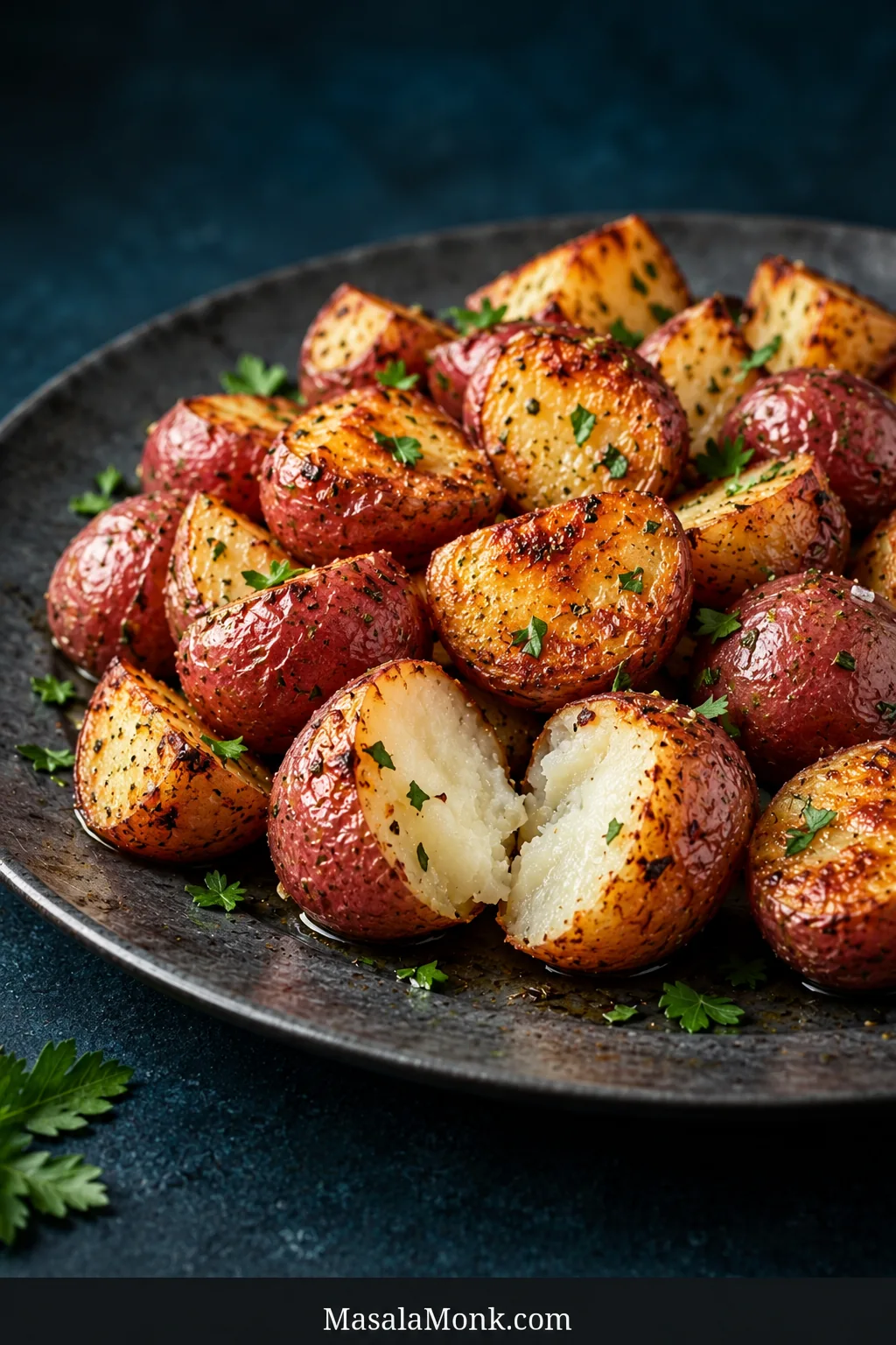 Roasted red potato halves and quarters on a dark platter; one opened piece shows a creamy white center beside golden-brown cut faces.