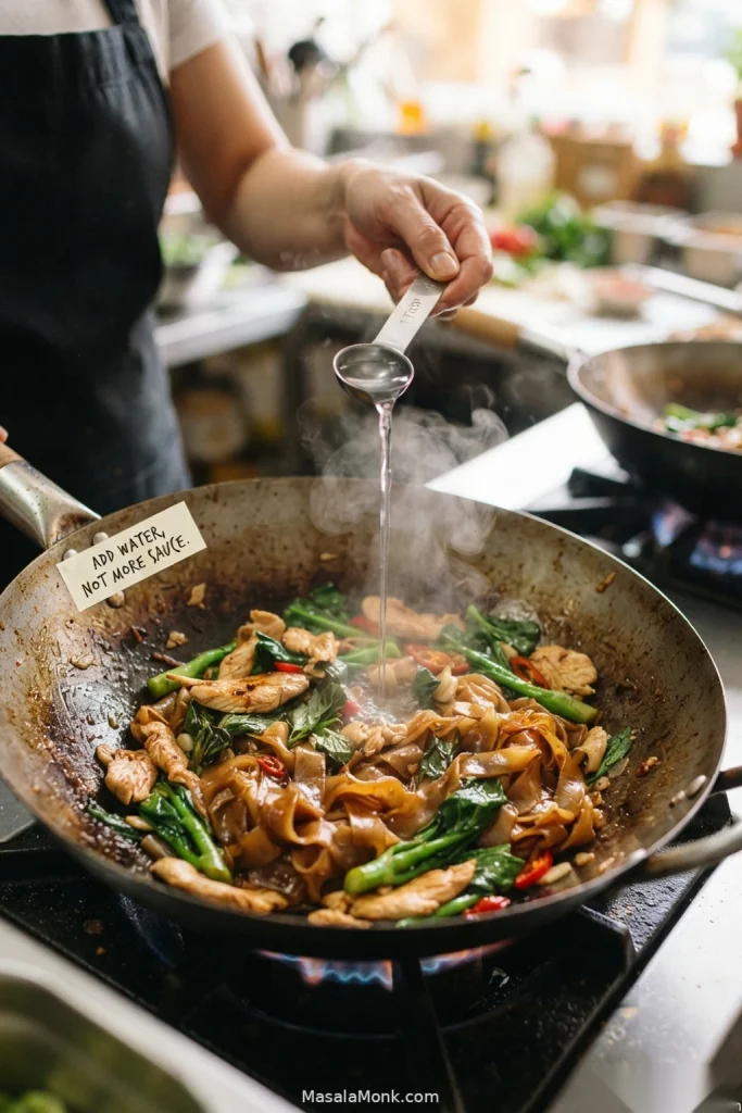 Water being poured into a wok of Pad Kee Mao to soften firm noodles without adding more sauce.