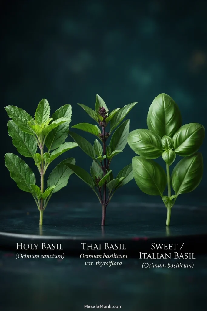 Three basil varieties for Pad Kee Mao shown side by side: holy basil, Thai basil and sweet or Italian basil.