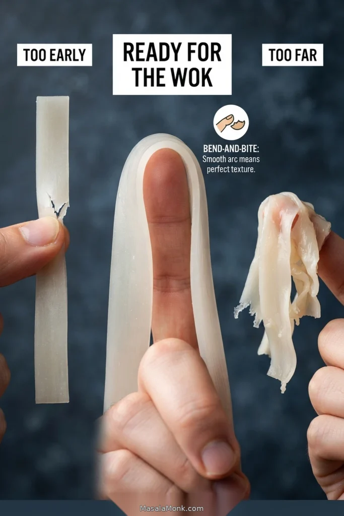 Three-stage rice noodle test: a stiff noodle snapping too early, a flexible noodle bending when ready for the wok, and an over-soft noodle tearing.