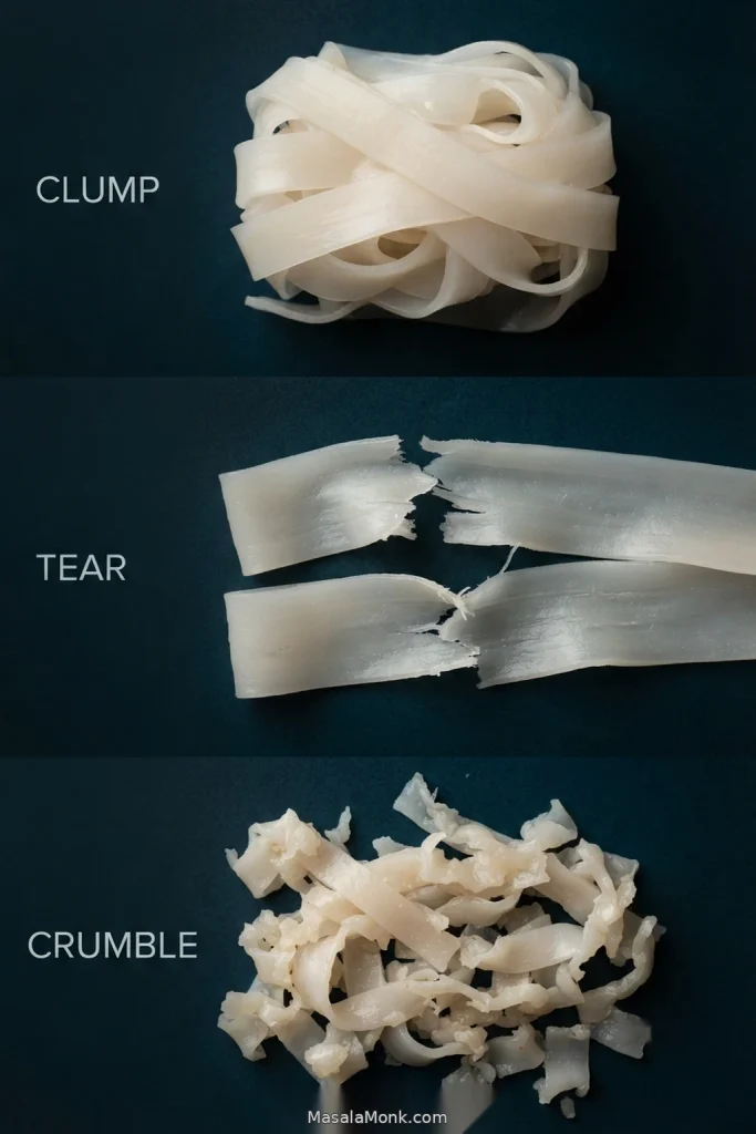 Three labelled rice-noodle failures: a clump of stuck noodles, torn flat noodles and crumbled noodle pieces.