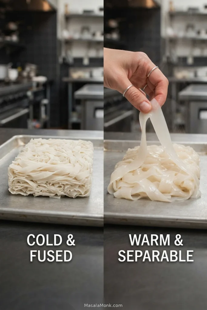 Split comparison showing cold fresh rice noodles fused into a block and warmed noodles separating into flexible ribbons.