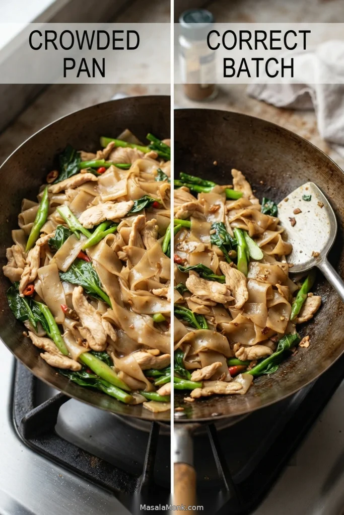 Split wok comparison labelled crowded pan and correct batch, showing a fuller pan beside a smaller, more evenly spread batch of noodles.