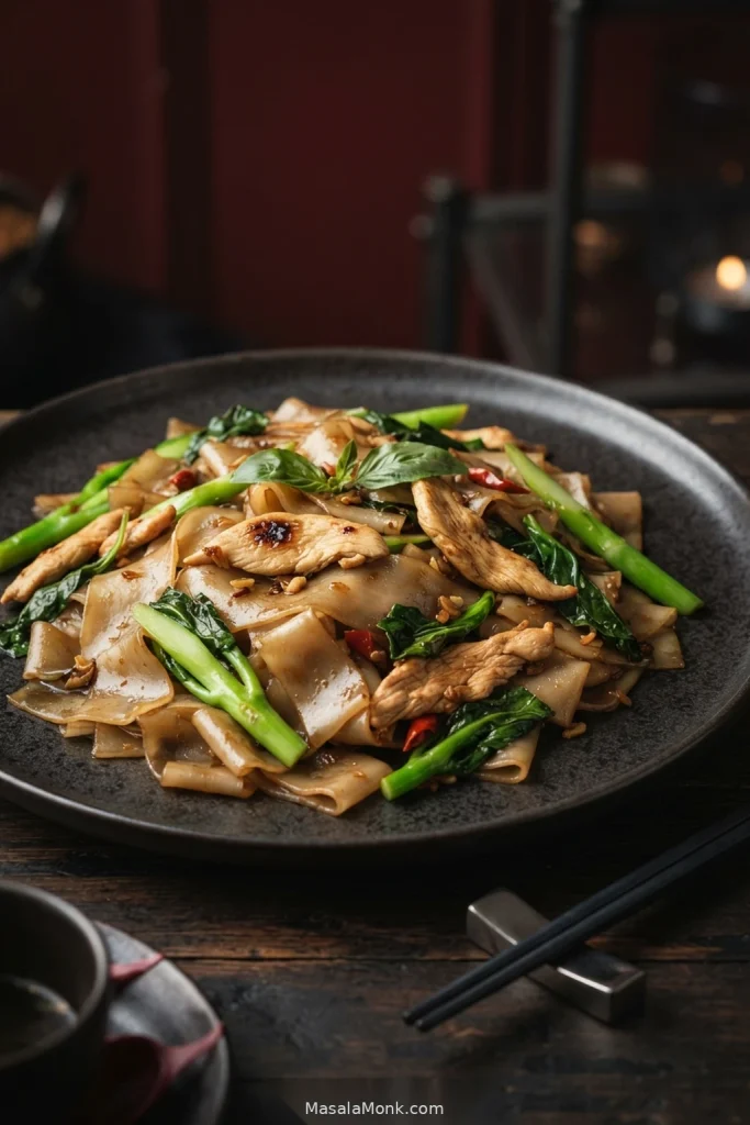 Close-up of finished Pad Kee Mao with glossy wide noodles, browned chicken, Chinese broccoli, red chilli and basil.