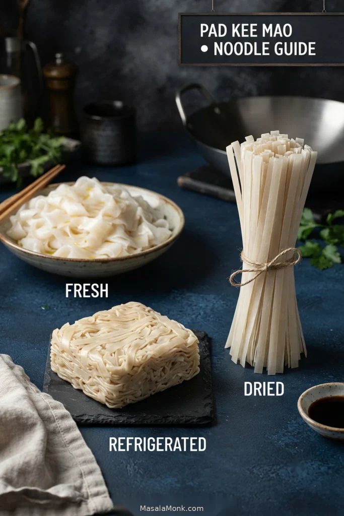 Three noodle types for Pad Kee Mao: soft fresh wide rice noodles, a compact refrigerated noodle block and bundles of dried wide rice noodles.