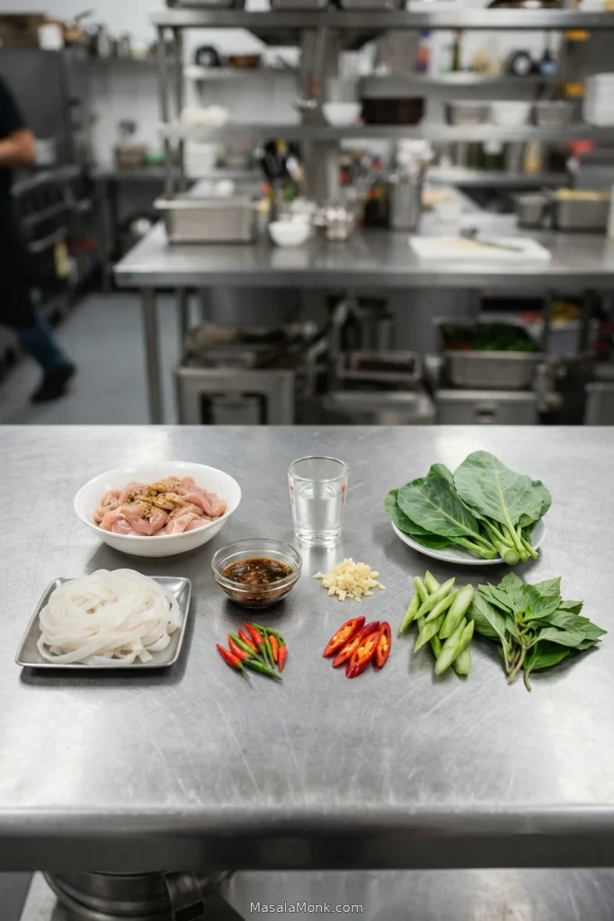 Chicken, wide rice noodles, sauce, garlic, chillies, gai lan and basil arranged separately before cooking Pad Kee Mao.