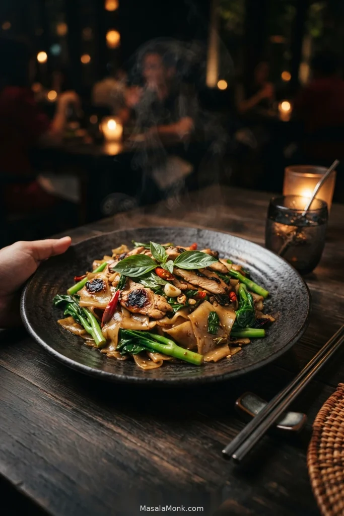Restaurant-style Pad Kee Mao on a dark plate with broad rice noodles, chicken, green vegetables, red chillies and basil.