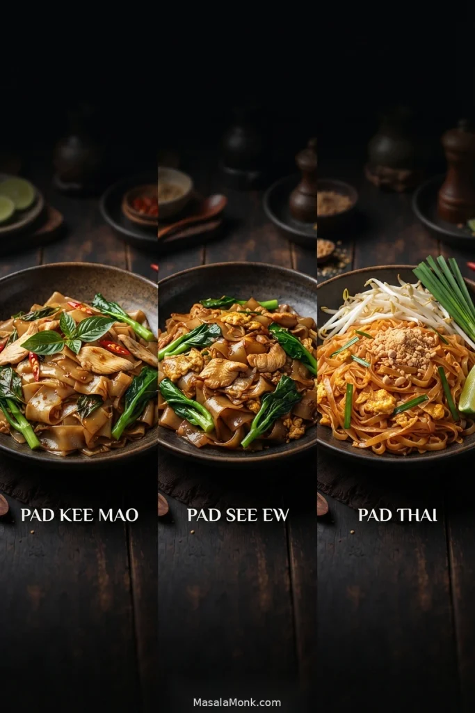 Three Thai noodle dishes shown side by side and labelled Pad Kee Mao, Pad See Ew and Pad Thai.