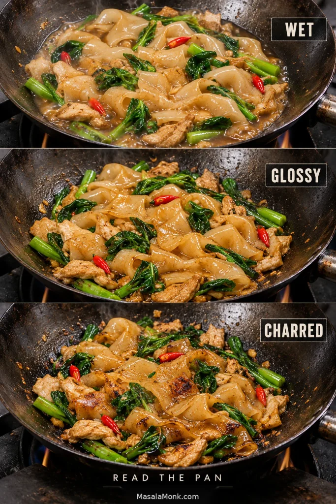 Three wok stages labelled wet, glossy and charred, showing sauce reducing around Pad Kee Mao before browned patches develop.