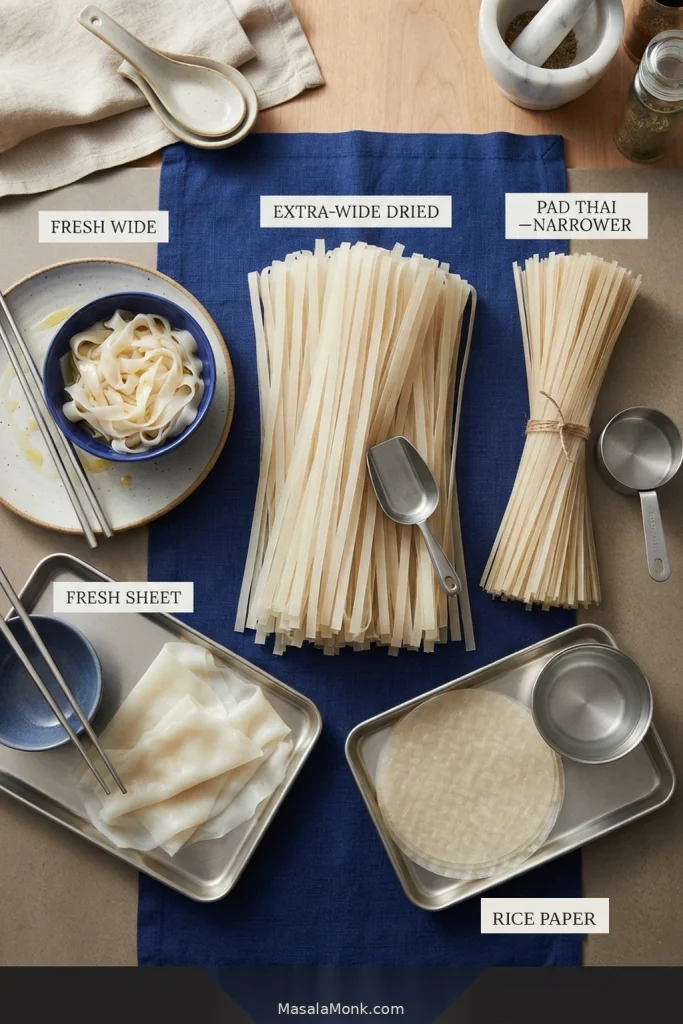Rice noodle buying guide showing fresh wide noodles, fresh noodle sheets, extra-wide dried noodles, narrower Pad Thai noodles and rice paper.