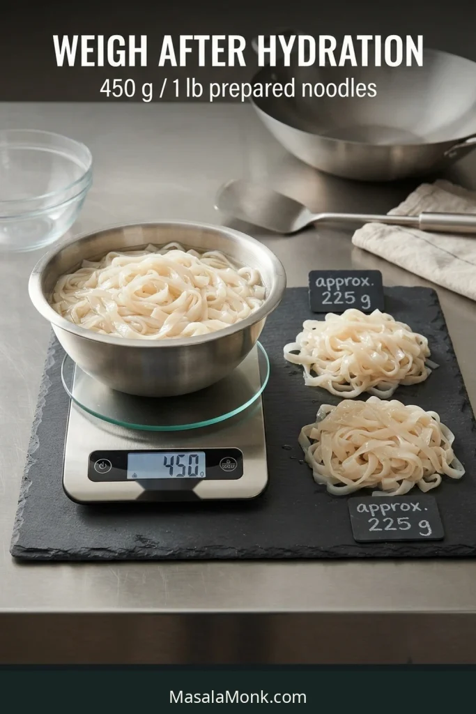 Digital scale showing 450 g of drained wide rice noodles beside two portions of about 225 g each.