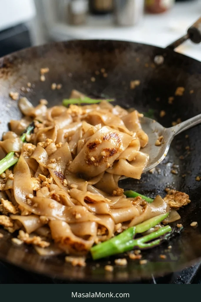 A wok spatula lifts glossy wide rice noodles to reveal irregular toasted brown patches underneath.