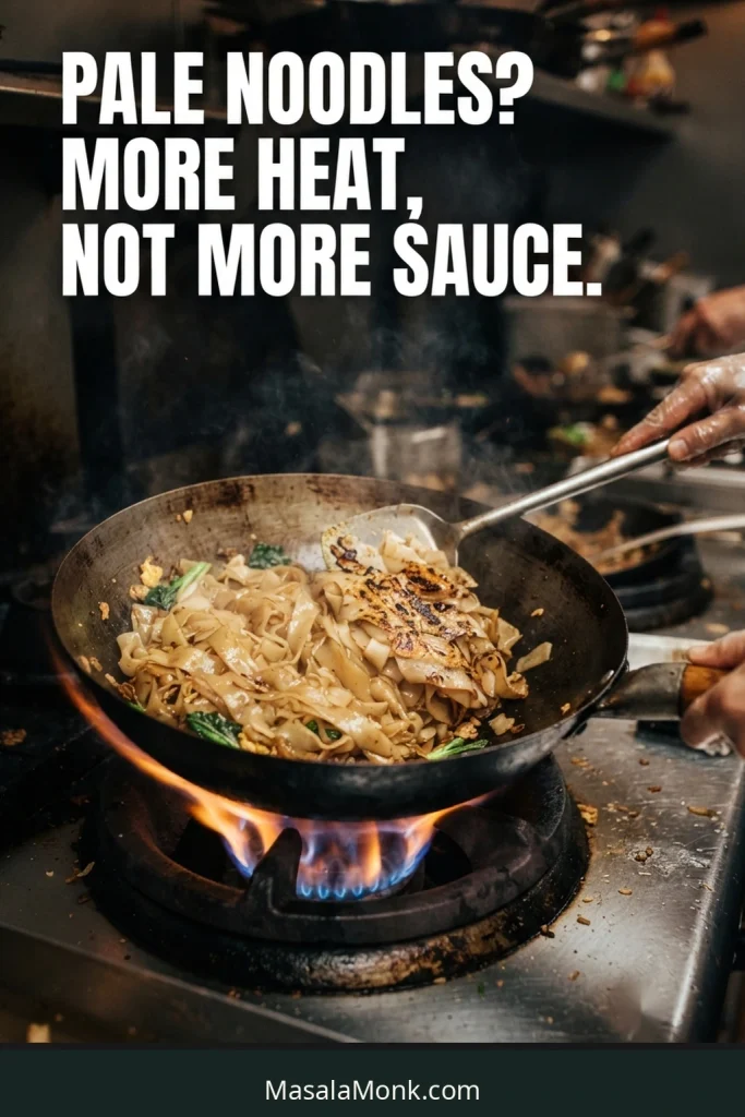 Wide rice noodles with pale areas and deeper pan-browned patches beside the words “more heat, not more sauce.”