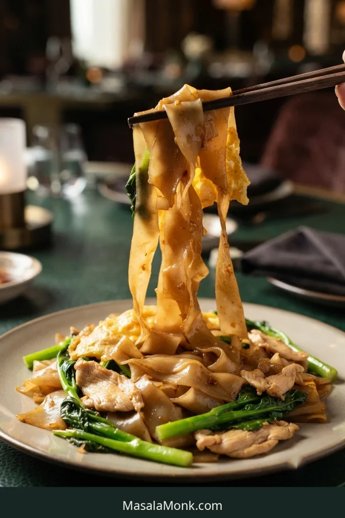 Chopsticks lift several broad glossy Pad See Ew noodles above chicken, gai lan and egg.