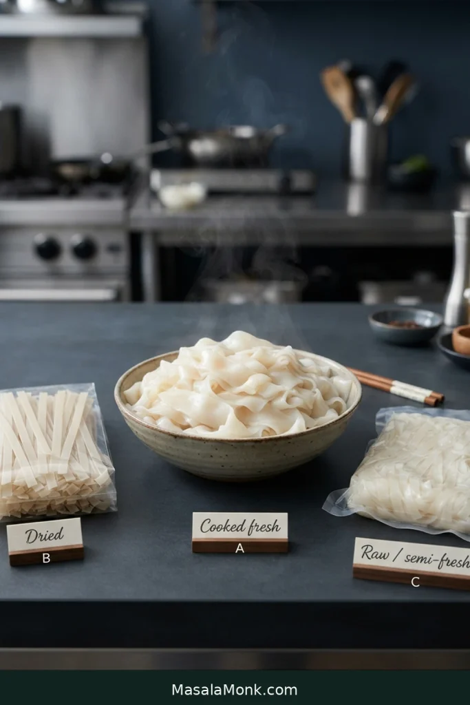 Broad rice noodles shown as soft cooked fresh noodles, rigid dried noodles and compact raw or semi-fresh noodles.