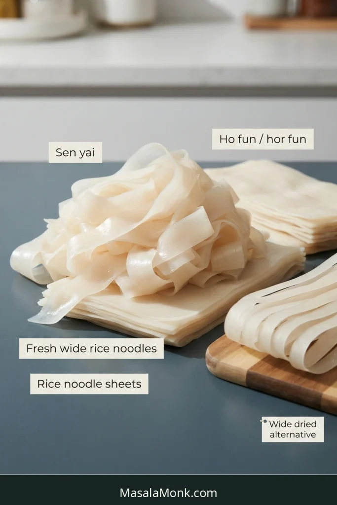 Fresh wide rice noodle sheets and ribbons shown with sen yai and ho fun labels and a wide dried rice noodle alternative.