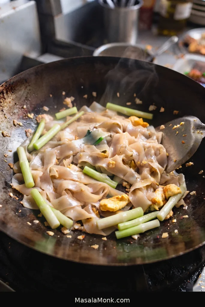 Pale wide rice noodles spread across a hot wok with egg, garlic and cut gai lan stems before sauce is added.