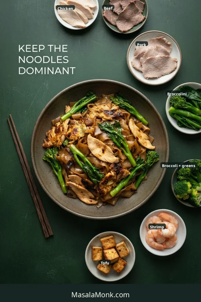 Pad See Ew surrounded by labeled options including chicken, beef, pork, shrimp, tofu, broccolini and leafy greens.