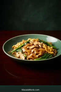 Finished Pad See Ew with broad soy-brown rice noodles, sliced chicken, gai lan and soft scrambled egg on a green plate.