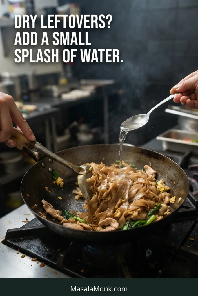 A small splash of clear water added to leftover Pad See Ew as the broad noodles begin to loosen in a wok.