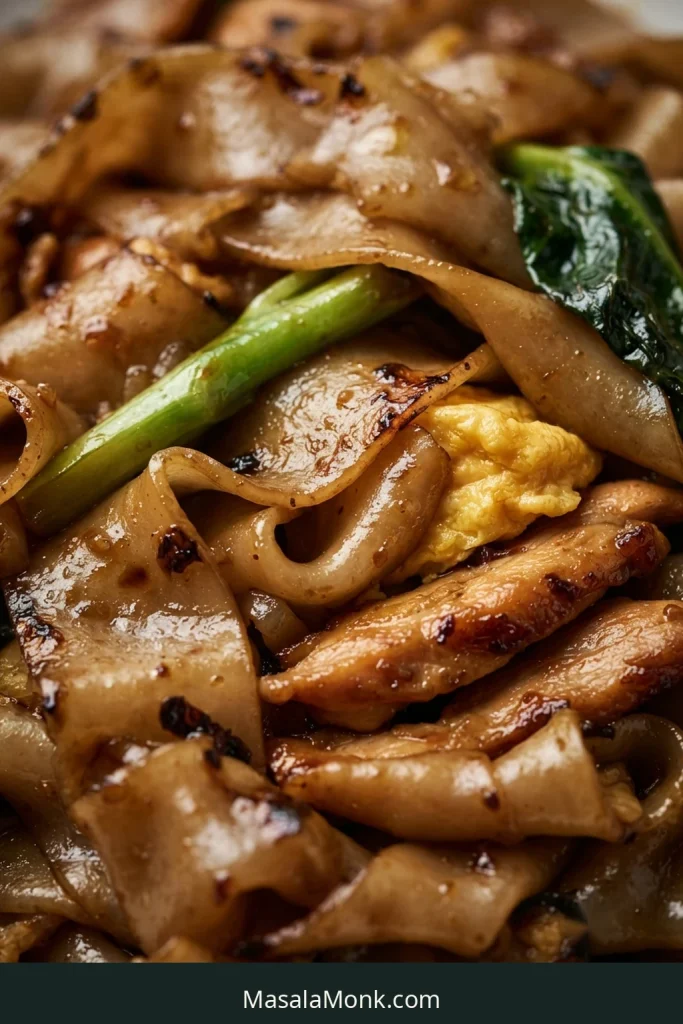Close-up of glossy broad Pad See Ew noodles with toasted brown patches, chicken, egg and gai lan.