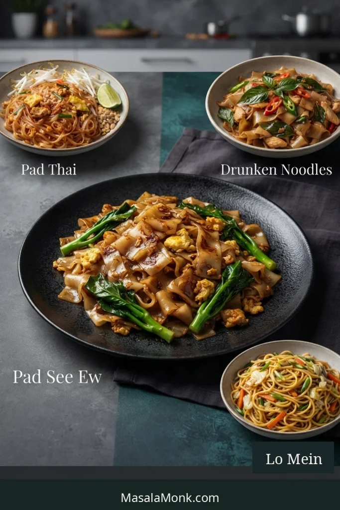 Pad See Ew compared with Pad Thai, drunken noodles and lo mein using visibly different noodle shapes and ingredients.