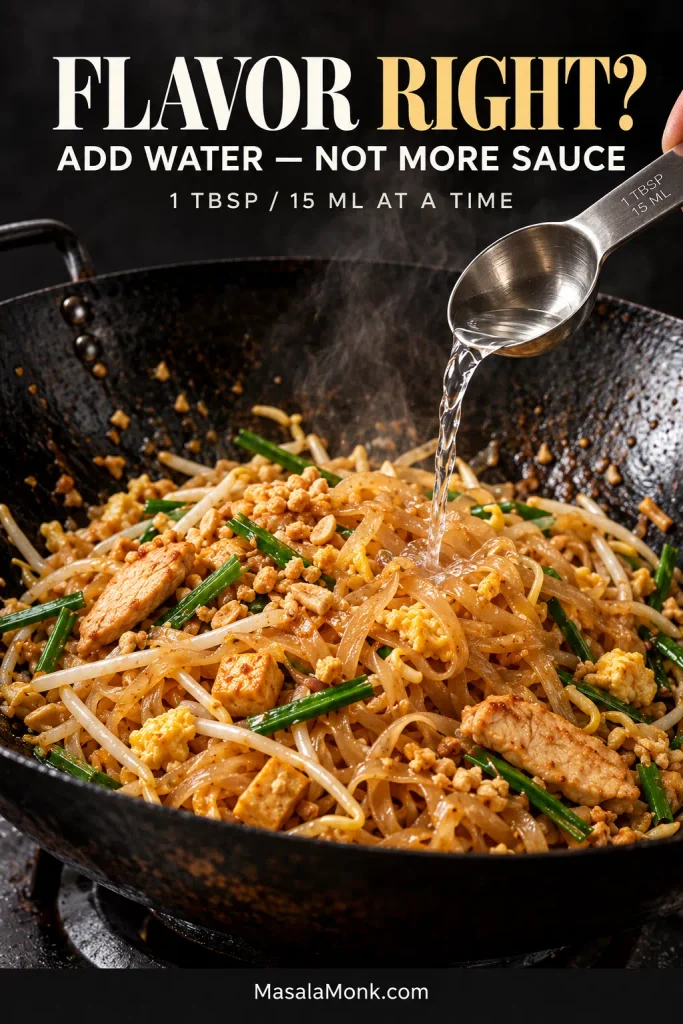 Metal tablespoon marked 1 tablespoon and 15 milliliters pouring a small amount of water into a wok of chicken Pad Thai with rice noodles, sprouts, garlic chives, egg and peanuts.