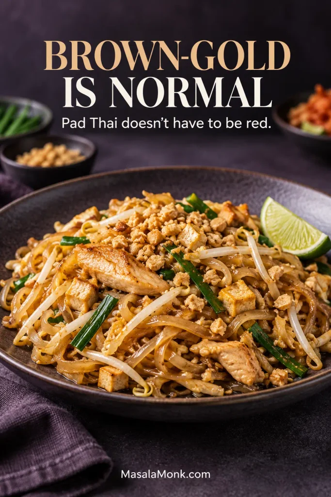 Plate of brown-gold chicken Pad Thai with flat rice noodles, sliced chicken, tofu, egg, mung bean sprouts, garlic chives, crushed peanuts and a lime wedge.