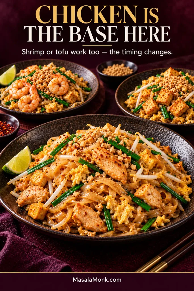 Three plates of Pad Thai showing a large chicken version in front, a shrimp version behind it and a tofu-forward version to the side, all with rice noodles, sprouts and garlic chives.