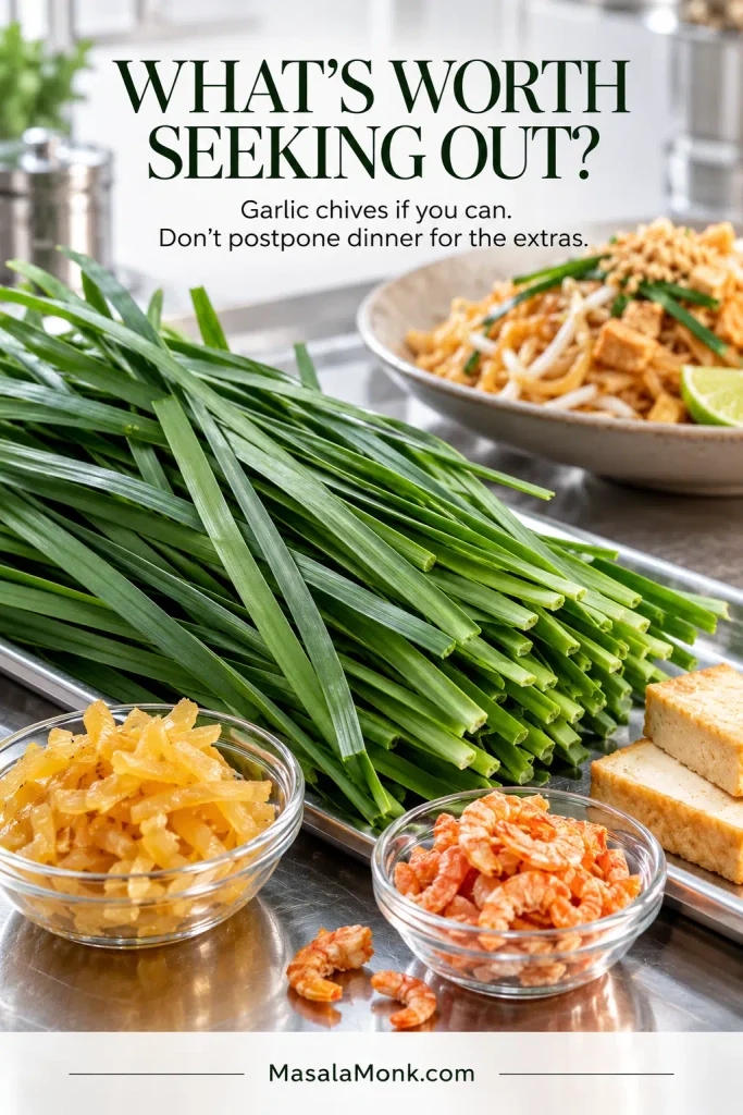 Fresh flat garlic chives on a stainless tray with small bowls of preserved radish and dried shrimp, pieces of tofu and a finished plate of Pad Thai in the background.