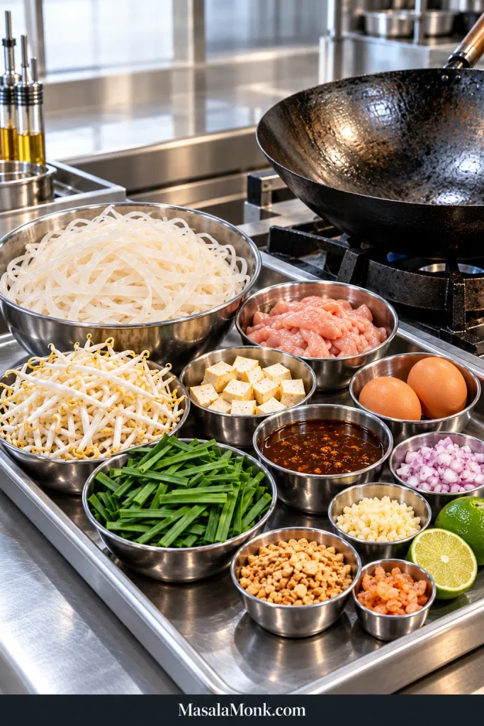Stainless-steel tray beside an empty black wok with soaked rice noodles, sliced raw chicken, tofu, whole eggs, mung bean sprouts, garlic chives, Pad Thai sauce, shallot, garlic, peanuts, lime and dried shrimp.