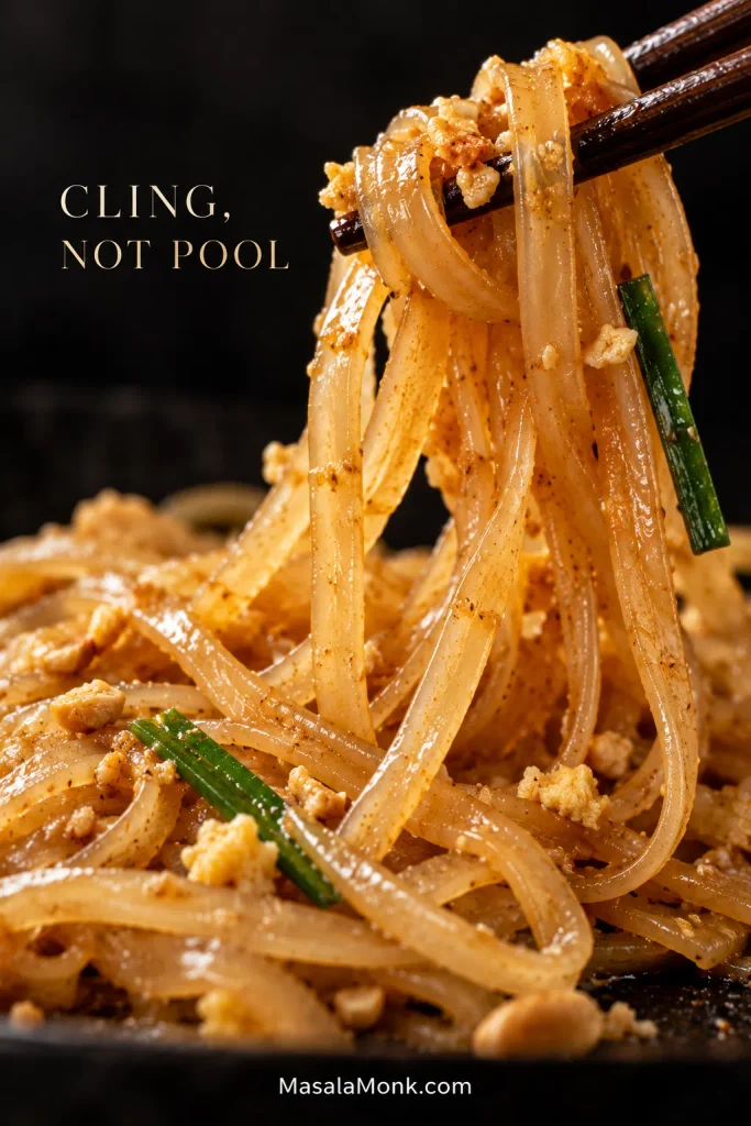 Close-up of glossy brown-gold Pad Thai rice noodles with separate strands, small pieces of egg, garlic chives and crushed peanuts, with no visible pool of sauce underneath.
