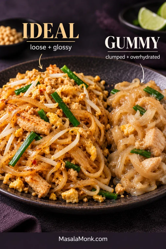 Side-by-side plate comparing loose glossy Pad Thai noodles with distinct strands against pale gummy noodles that are visibly clumped and overhydrated.