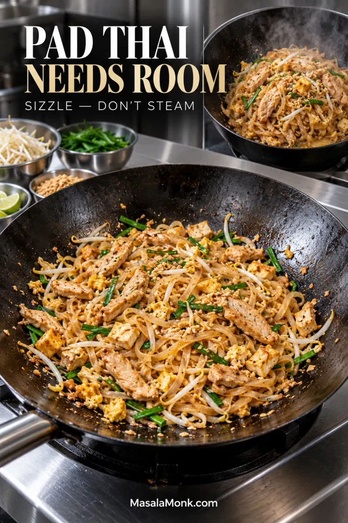 Two wok views comparing Pad Thai spread across a wide pan with visible open surface against a crowded mound of noodles producing more steam.